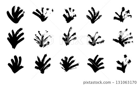 Set of black leaves drawn with dry brush, tree branches drawn with ink, field with flowers, background with grunge flowers and leaves, black stems with various flowers, blots in the form of leaves 131063170