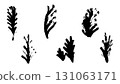 Collection of black leaves drawn with dry brush, tree branches drawn with ink, field with flowers, pattern with grunge flowers and leaves, black stems with various flowers, blots in the form of leaves 131063171