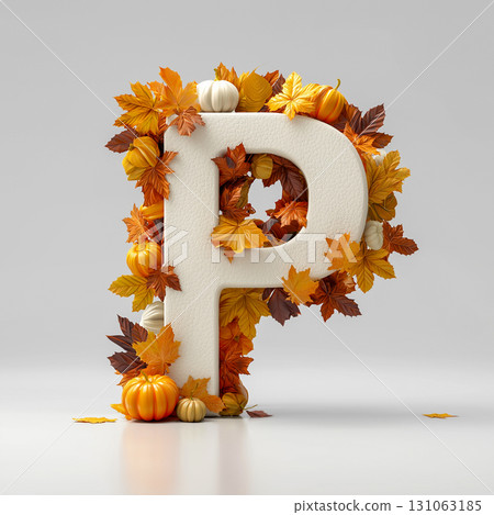 A close-up of the letter "P" decorated with autumnal elements. The base of the letter is smooth and light cream, surrounded by vibrant maple leaves and miniature pumpkins in various shades. The image  131063185