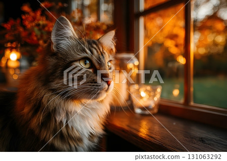 Fluffy tabby cat gazing out a window at golden autumn light; cozy evening scene with warm bokeh 131063292