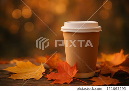 Takeaway coffee cup on a rustic wooden table with colorful autumn maple leaves 131063293