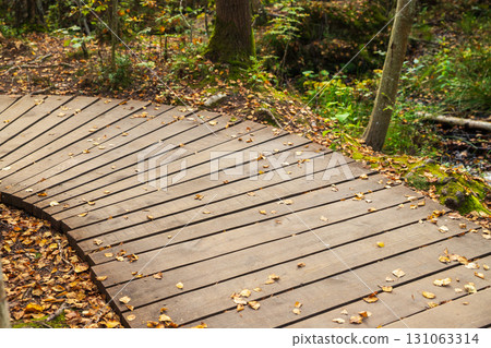 wooden boards eco-trail. Curved wooden pathway surrounded by autumn leaves in a peaceful forest setting. Wooden plank path turns left 131063314
