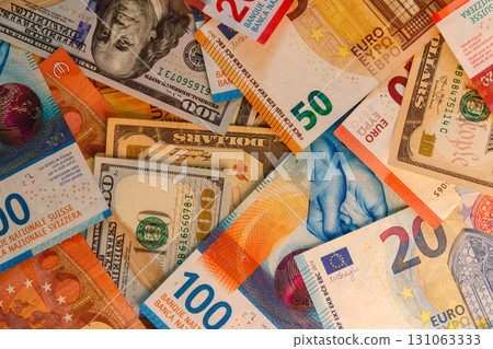 Multicurrency background of US dollars, euros and Swiss francs 131063333