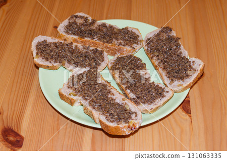 Sandwiches with truffle sauce on wooden table 131063335