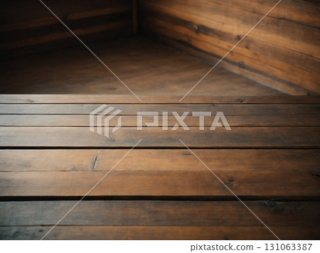 Space of a vintage wooden desk, wooden floor and wall, old wooden with a soft mood. Space of a vintage wooden desk, wooden floor and wall, old wooden with a soft mood. 131063387