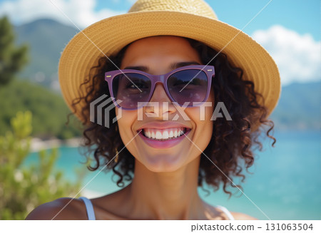 girl on vacation posing against the backdrop of a beautiful resort landscape, sea, forest and mountains 131063504