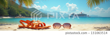 beach by the sea in summer, beach accessories, sunglasses, flip-flops and umbrella on the sand by the seashore, with a beautiful view of the landscape of forest and mountains 131063514