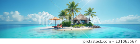 beautiful panoramic landscape of the sea and a small island with palm trees with a cozy beach and bungalow, a wooden path leads to it, the concept of summer holidays and travel 131063567