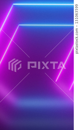 Futuristic glowing neon lines in pink and blue on a dark background, creating a retro-tech atmosphere 131063599