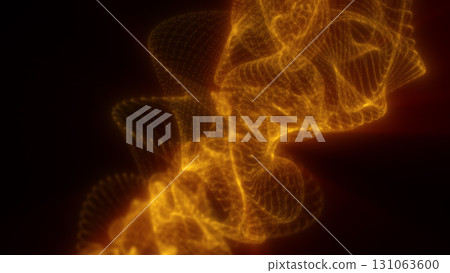 Golden particles arranged in swirling digital waves form a glowing mesh that pulses across a dark blue background 131063600