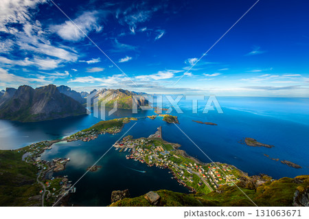 Amazing landscape of the Lofoten Islands from the top of Reinebringen Mountain with blue sky , county of Nordland, Norway. 131063671