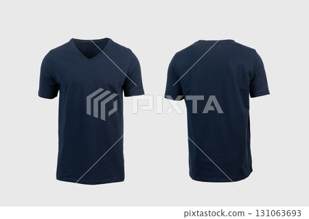 Dark Blue V-Neck T-Shirt Isolated on White Background . Front and Back View 131063693