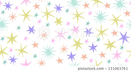 A seamless pattern of multicolored pastel stars on a white background. The ornament is drawn with wax crayons. Hand-drawn vector illustration. Festive decorative design for Christmas, New Year, and 131063761