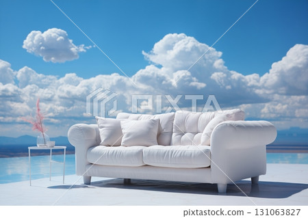 a white sofa on a blue sky background with clouds 131063827