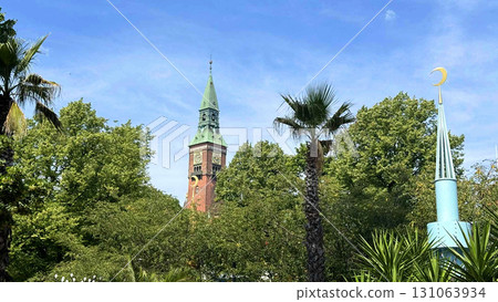 City hall building near green tree and crescent 131063934