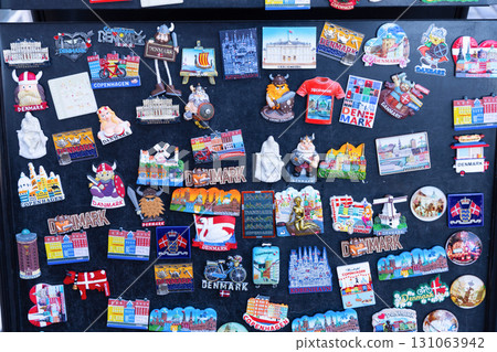 Magnets featuring Danish symbols on dark background in Copenhagen shop Magnets featuring Danish symbols on dark background in Copenhagen shop 131063942