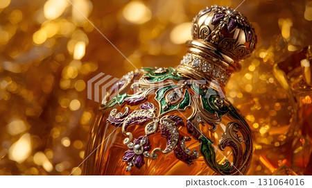 perfume bottle painted in intricate detail against a backdrop of shimmering amber. The bottle shines with golden accents, its curves reflecting the light in a captivating display of luxury. 131064016