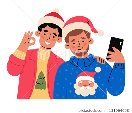 Happy Christmas Couple Men With Phone In Santa Hats In Xmas Sweaters With Claus And Tree Taking Selfie. New Year Characters and holiday Moment. Vector Illustration. Not AI 131064098
