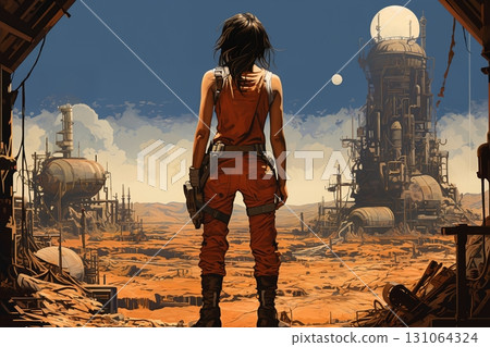 Portrait of a woman dressed in overalls or a protective spacesuit, outside a factory, on an alien planet, desert and rocks, futuristic style 131064324