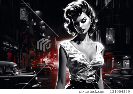 Portrait of a beautiful fashionable woman with a hairstyle, in a city street, at night, car, road and moon. Illustration poster in the style of 1960 131064359