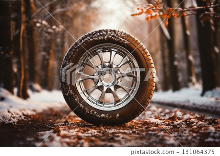 a car wheel on the background of a winter road and a beautiful landscape, a snow-covered forest, a concept of traffic safety on a slippery road a car wheel on the background of a winter road and a beautiful landscape, a snow-covered forest, a concept of traffic safety on a slippery road 131064375