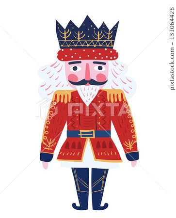 The Nutcracker King soldier in a red uniform and crown. Flat vector illustration of a Christmas fairy tale character isolated on white background. The Nutcracker King soldier in a red uniform and crown. Flat vector illustration of a Christmas fairy tale character isolated on white background. 131064428
