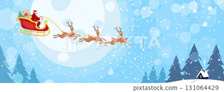 Santa Claus flies in his sleigh with reindeer over a winter forest under a full moon. Flat vector Christmas illustration, modern winter background. Santa Claus flies in his sleigh with reindeer over a winter forest under a full moon. Flat vector Christmas illustration, modern winter background. 131064429