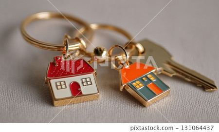 Close-up of a golden house-shaped keychain Close-up of a golden house-shaped keychain 131064437