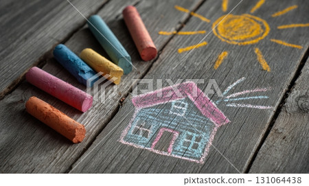 Colorful chalk drawing of a house and sun Colorful chalk drawing of a house and sun 131064438