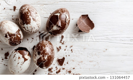 Close-up of broken chocolate Easter eggs on rustic wooden background 131064457