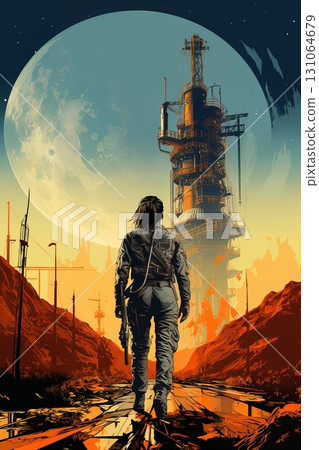 Portrait of a woman dressed in overalls or a protective spacesuit, outside a factory, on an alien planet, desert and rocks, futuristic style 131064679