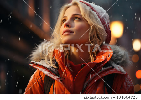 portrait of a beautiful happy woman enjoying winter season 131064723