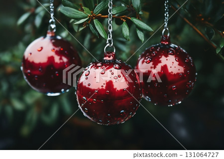 Christmas decoration for New Year holidays, close view of a glass ball on a festive background of illumination, bokeh lights, winter season 131064727