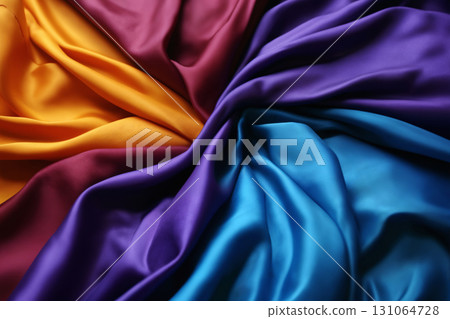 Multicolored pieces of silk as a background, top view 131064728