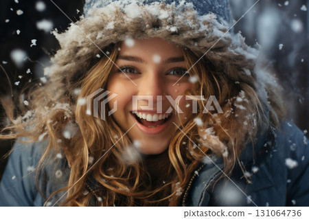 portrait of a beautiful happy woman enjoying winter season 131064736