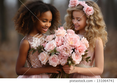 Two girls in evening dresses with flowers posing in the park together Two girls in evening dresses with flowers posing in the park together 131064741