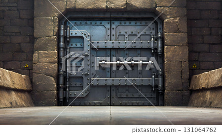 A close-up of a massive metal door, reinforced with bolts, beams, and complex mechanisms. The door is built into a thick stone wall, creating a sense of security and impenetrability. The image conveys 131064762