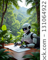 A robot sits writing on a table surrounded by a lush tropical rainforest 131064922