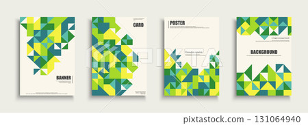 Collection of vector colorful posters with abstract geometric shapes. Bright modern placards, brochures, banners, backgrounds, cards. Business corporate unusual templates. Decorative mosaic print 131064940