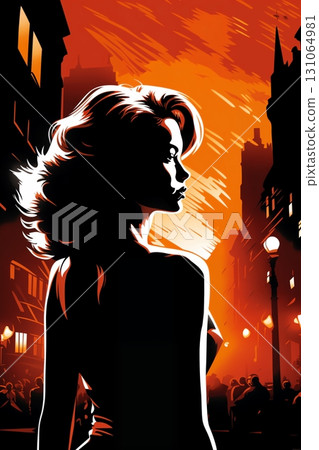Portrait of a beautiful fashionable woman with a hairstyle, in a city street, at night, car, road and moon. Illustration poster in the style of 1960 131064981