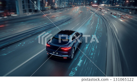 Car rushes through city at night. feeling of anticipation and excitement as it speeds down road at night 131065122