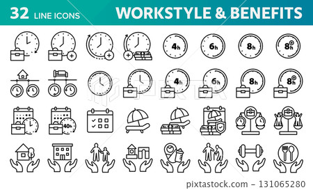 一組 32 個與工作風格和員工福利相關的圖示。 131065280