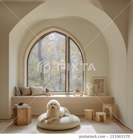 Cozy minimalist dog playroom with large arched window showing trees outside, soft natural light, and simple wooden furniture creating calm 131065370