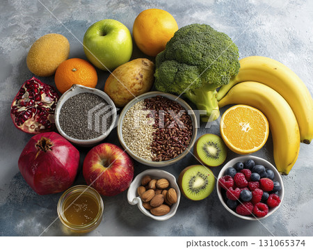 Variety of fresh fruits vegetables nuts and seeds arranged gray surface including bananas apples oranges broccoli kiwi berries pomegranate 131065374
