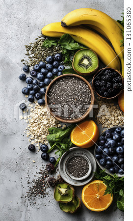 Flat lay of colorful fruits, vegetables, and grains arranged light surface, showcasing fresh produce and healthy ingredients with vibrant colors 131065380