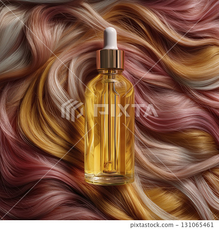 Glass dropper bottle filled with golden oil is placed on background of flowing, multicolored hair strands, creating luxurious and vibrant scene 131065461