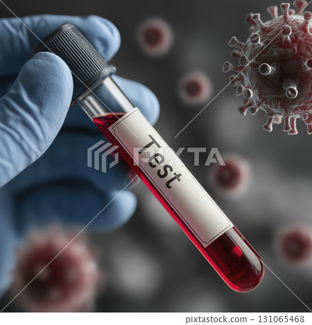 Hand in blue gloves holds test tube with red liquid, look serious, doing tests. blood test is positive 131065468