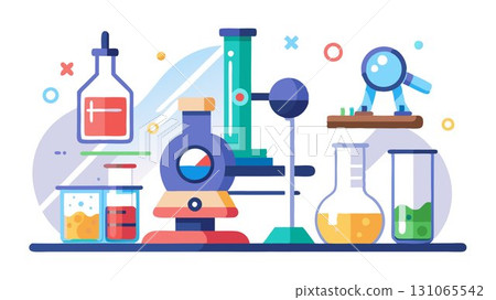A meticulously arranged laboratory scene featuring a microscope, test tubes, and beakers on a clean lab bench provides a compelling image for scientific publications, educational materials, or websit 131065542