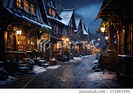 beautiful view of village street in winter, exteriors of houses decorated for Christmas or New Year holiday, snow, street lights, festive environment 131065599