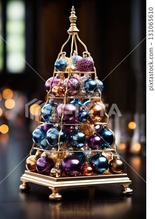 a tiny Christmas tree from balls, decorated for New Year's holiday, on a dark background, winter season 131065610